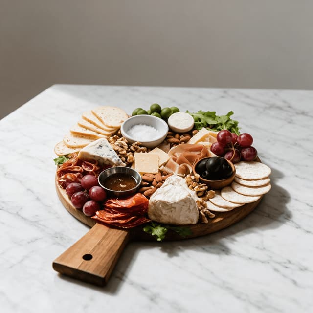 Cheese-forward tasting board with blue, manchego, aged gouda and quince paste on white marble