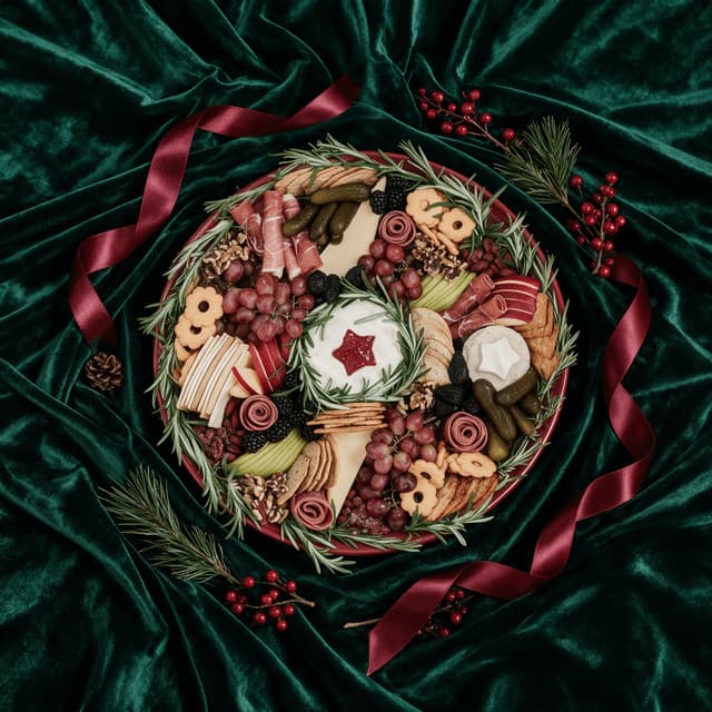 Winter holiday charcuterie board with pomegranate, rosemary, spiced nuts and cranberry on dark wood