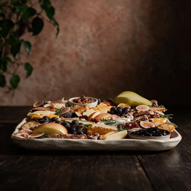 Party-size abundance charcuterie board overflowing with cured meats, cheeses, fruit and crackers