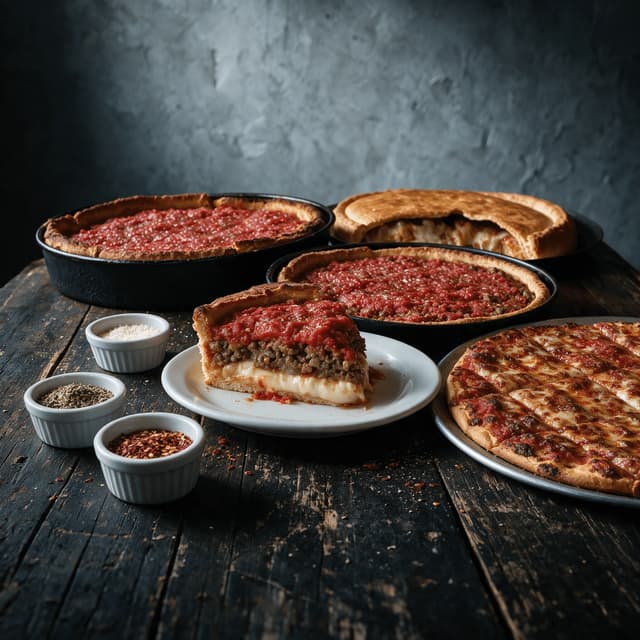 Chicago deep dish pizza spread whole pan pie cross section slice stuffed sausage tavern cut thin crust squares dark wood — deep dish card photography
