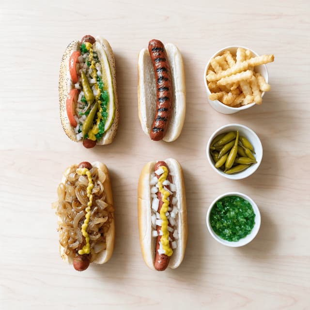 Chicago hot dog spread poppy seed bun neon green relish yellow mustard sport peppers char dog maxwell street polish crinkle fries overhead light wood — hot dog card photography