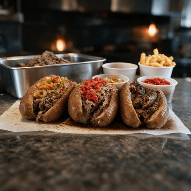 Chicago italian beef spread dipped french roll thin shaved beef hot giardiniera sweet roasted peppers combo sausage jus cup service counter — italian beef card photography
