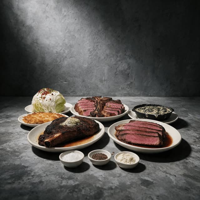 Chicago steakhouse spread bone in ribeye porterhouse sliced strip creamed spinach hash browns wedge salad grey steel — steakhouse card photography