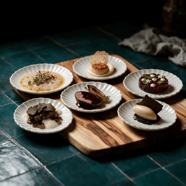 Chicago fine dining spread plated courses crudo seared scallop beet tartare venison dessert quenelle teal tile — fine dining card photography