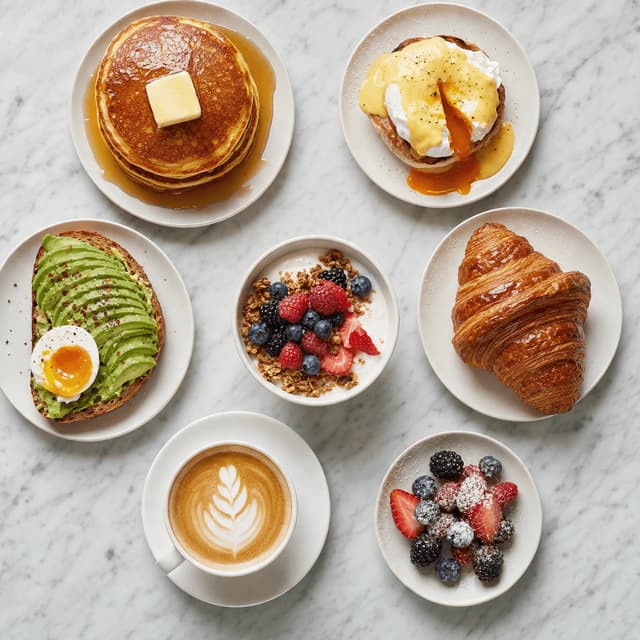 Chicago brunch spread buttermilk pancakes eggs benedict runny yolk avocado toast latte art croissant berries overhead marble — brunch card photography