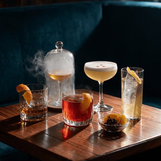 Chicago craft cocktail spread old fashioned negroni smoked cocktail clear ice cubes citrus peel garnish teal velvet bar — cocktail card photography