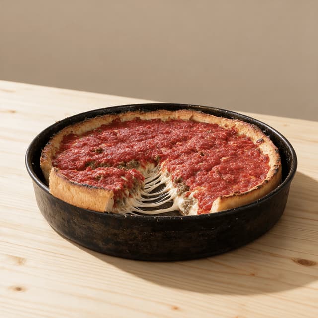 Chicago deep dish pizza tall buttery crust wall cheese layer under chunky tomato sauce cross section anchored cheese pull black steel deep pan — deep dish hero photography