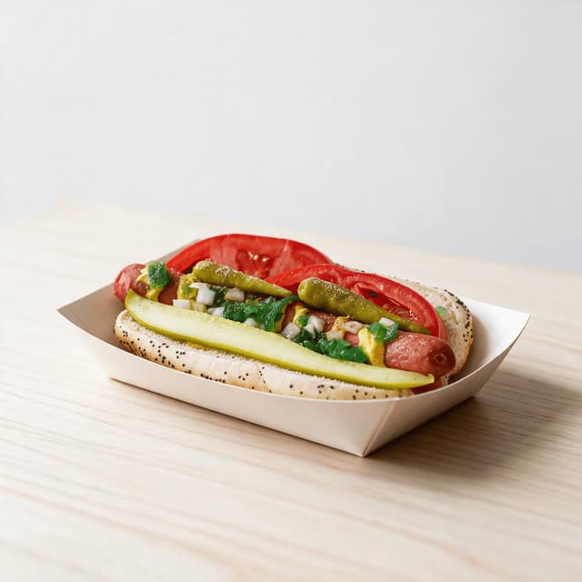 Chicago style hot dog poppy seed bun all beef frank yellow mustard neon green relish onion tomato slices dill pickle spear sport peppers celery salt — chicago dog hero photography