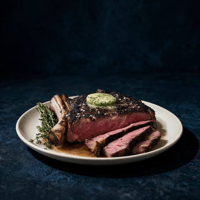 Chicago steakhouse bone in ribeye thick cut dark seared crust rosy medium rare centre resting juices herb butter — steakhouse hero photography