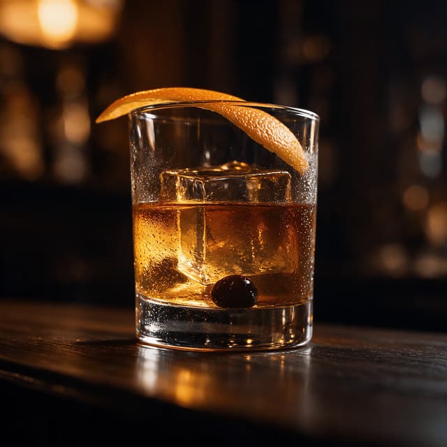 Chicago craft cocktail old fashioned amber whiskey large clear ice cube expressed orange peel brandied cherry plain rocks glass bar glow — cocktail hero photography