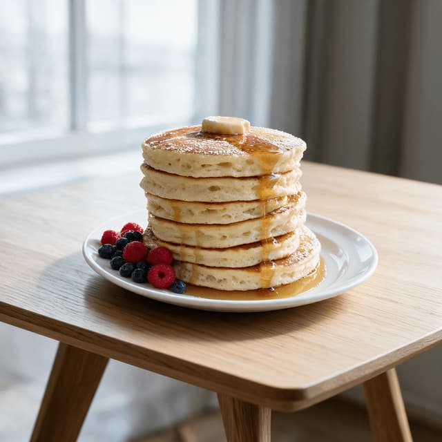 Chicago brunch buttermilk pancake stack tall golden fluffy melting butter pat maple syrup pour berries cafe — pancake hero photography