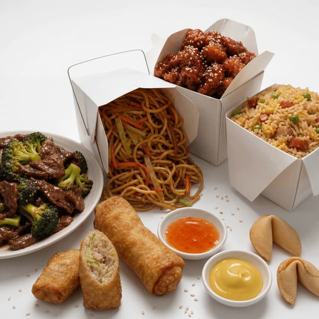 Amerikāņu-ķīniešu līdzņemšanas kartona iepakojumi, General Tso, lo mein, pavasara ruļļi, tumšs fons — līdzņemšanas karte fotografēšana