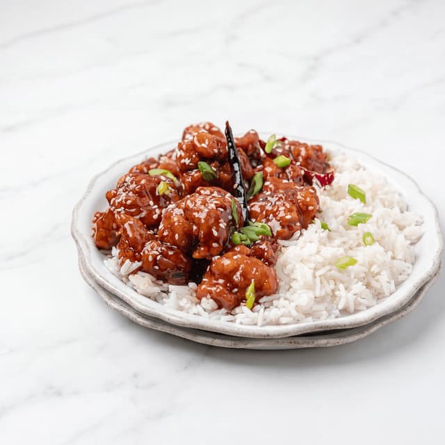 General Tso vista ar spīdīgu sarkanbrūnu glazūru, sezams, brokolis, rīsi — General Tso hero fotografēšana