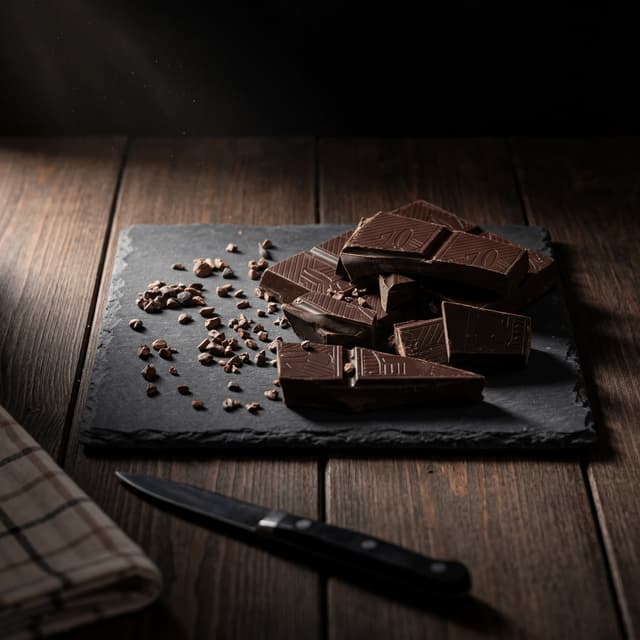 Cracked 75% single-origin dark chocolate bar snap edge — bean-to-bar chocolatier hero photography