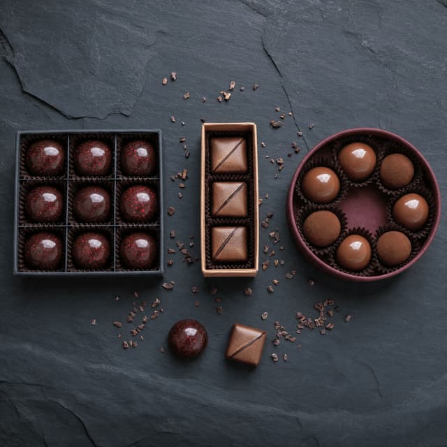 Three open chocolate collection boxes of different sizes arranged side by side from above with assorted glossy bonbons in each