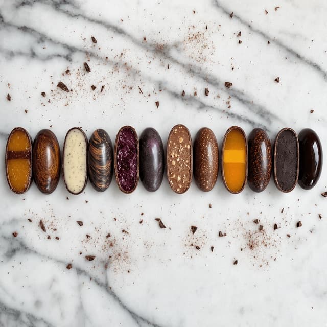 Row of six chocolate bonbons each cut in half from above showing six different coloured ganache and caramel fillings on white marble