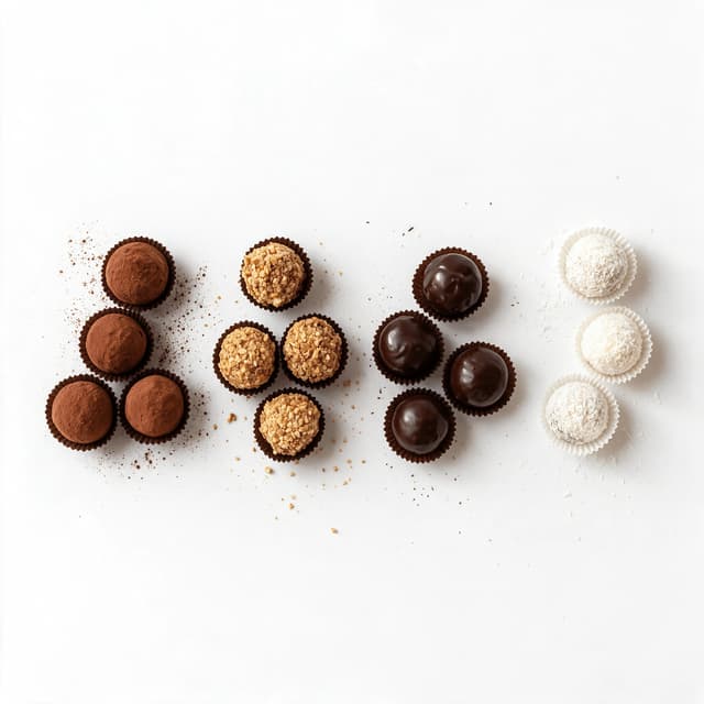 Spread of hand rolled chocolate truffles in fluted paper cups with four different coatings arranged across a seamless white surface