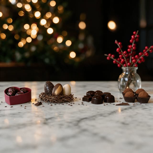 Seasonal chocolate spread with a small heart box moulded eggs and festive foil free pieces arranged evenly on white marble with soft bokeh