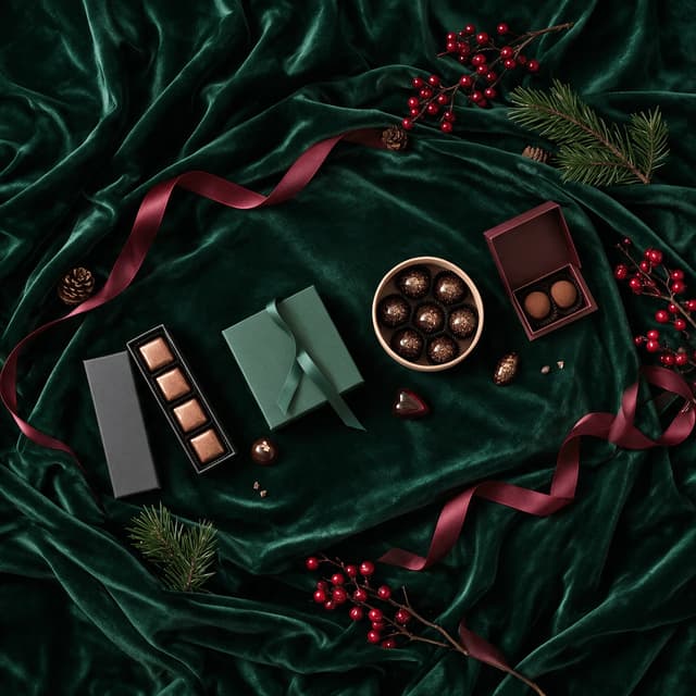 Overhead spread of four unbranded chocolate gift boxes with satin ribbon on deep green velvet with loose bonbons between them