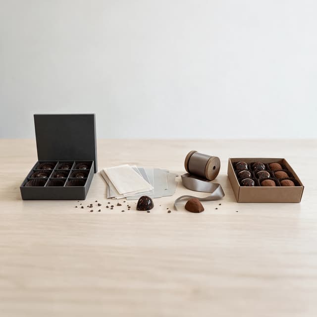 Chocolate packaging spread on pale wood with an open box a ribbon spool folded glassine sheets and a part filled tray of bonbons