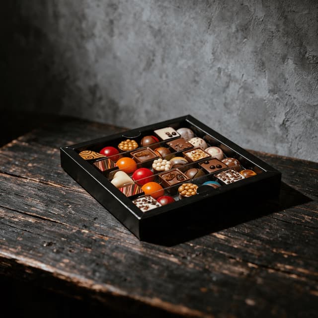 Open sixteen piece bonbon collection box with glossy hand painted chocolates seated in dark brown paper cups on weathered dark wood