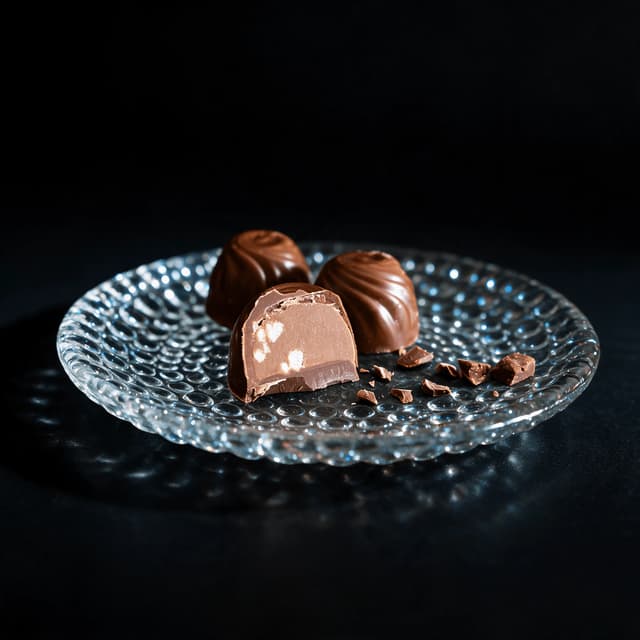 Single dark chocolate bonbon cut clean in half standing upright showing a smooth caramel ganache layer under a thin glossy shell