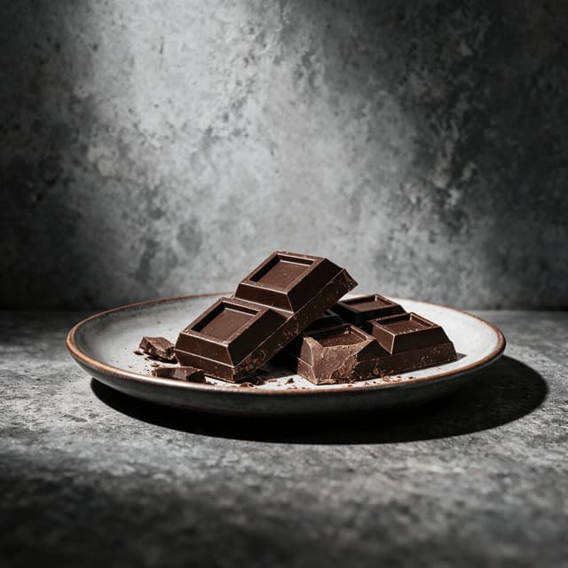 Thick pieces of single origin dark chocolate stacked on a dark stoneware plate on grey concrete, one piece showing a matte fracture edge and the others a glossy moulded face