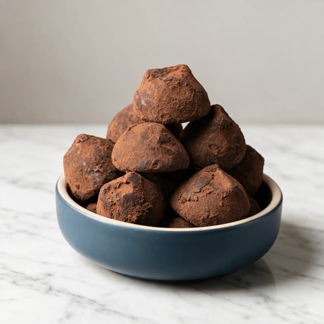 Shallow footed white ceramic bowl holding six hand rolled chocolate truffles heavily dusted in cocoa powder on white marble