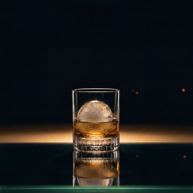 Single large hand cut clear ice cube whiskey scotch lowball glass — ice clarity card photography
