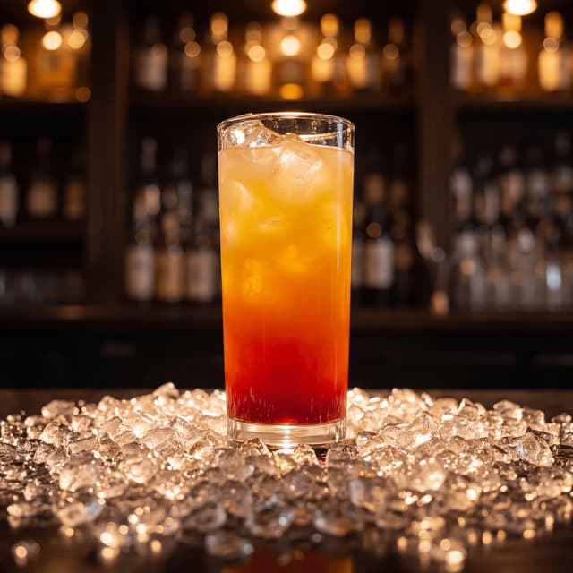 Tequila Sunrise cocktail orange red gradient highball — layered cocktail card photography