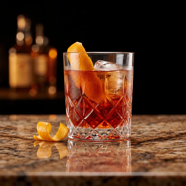 Negroni cocktail lowball glass large clear ice cube orange peel — craft cocktail hero photography