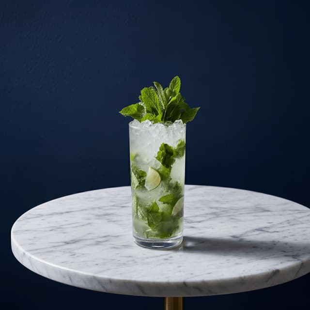 Mojito cocktail mint sprigs crushed ice highball lime — Cuban cocktail hero photography