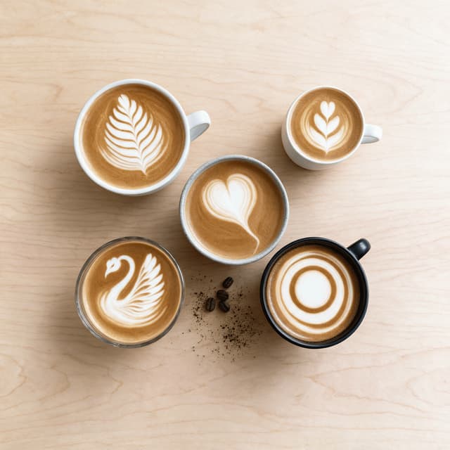 Five lattes shot from above showing rosetta, tulip, heart, swan and layered latte art patterns