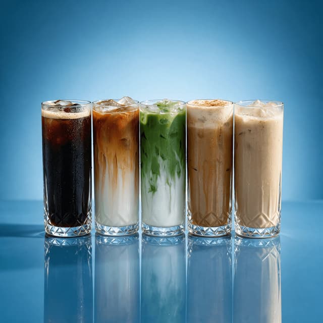 Row of five iced coffee drinks in clear glasses with heavy condensation and visible layers