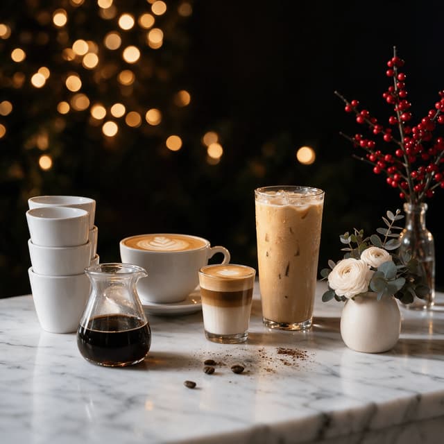 Wedding coffee cart top styled with several finished drinks, stacked cups and white florals