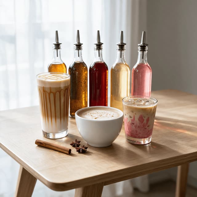 Row of unlabelled syrup bottles behind three seasonal coffee drinks on a terracotta surface