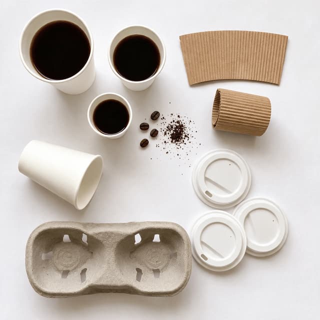 Overhead spread of blank takeaway coffee cups in three sizes with kraft sleeves and lids