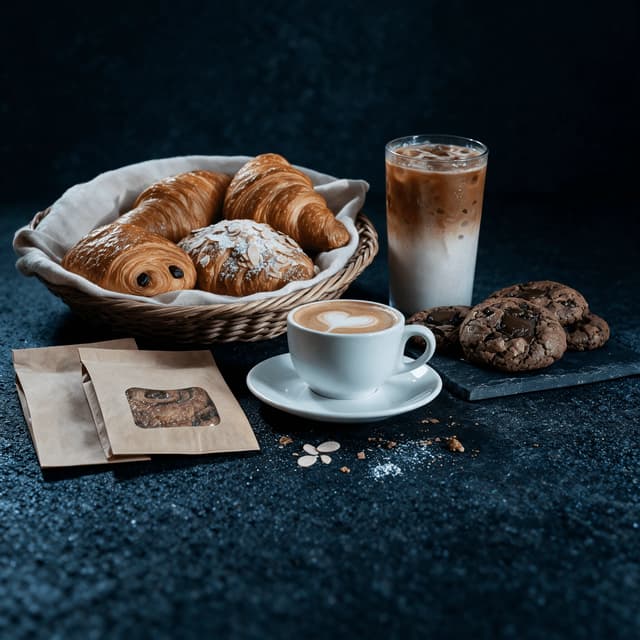 Pastry basket with croissants and cookies beside two coffees on dark slate