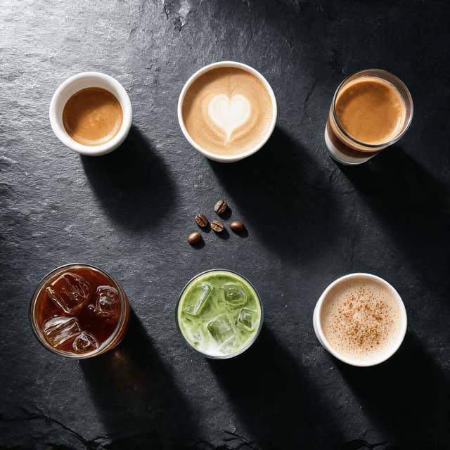 Six small drink shots arranged as a grid of square menu tiles on dark slate
