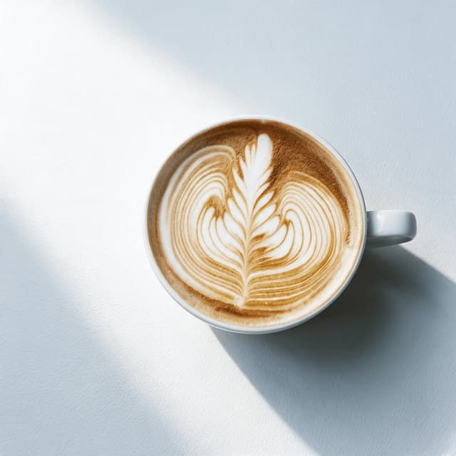 Overhead latte with a fern rosetta in white microfoam served in a white ceramic cup on a saucer
