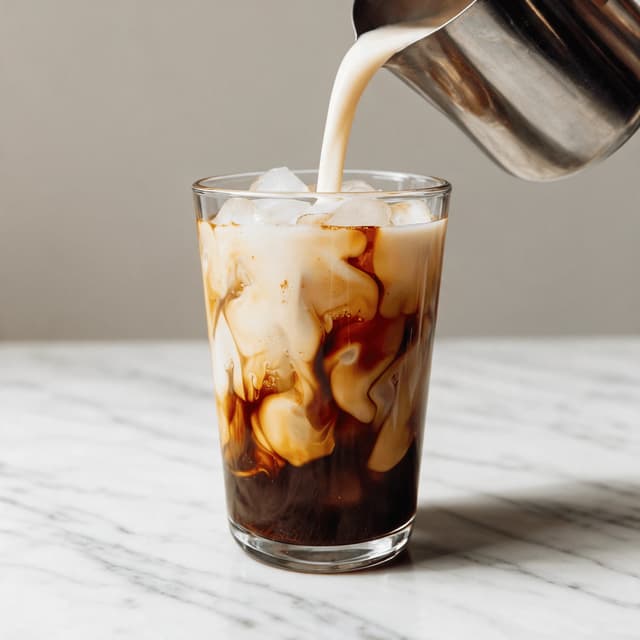 Iced brown sugar shaken espresso layered over milk in a tall glass