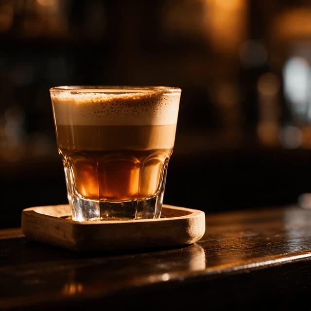 Cortado in a small clear glass on a walnut cart top with warm evening lights behind