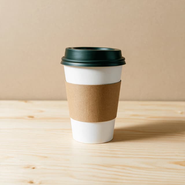 Plain white double wall takeaway coffee cup with a kraft sleeve and no logo on it