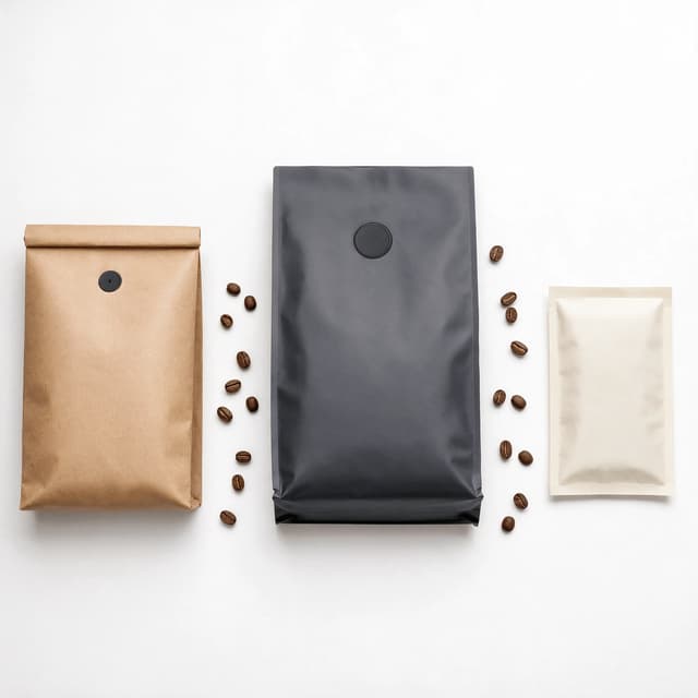 Three blank kraft coffee pouches in three different sizes laid out evenly across a clean white surface photographed from directly above