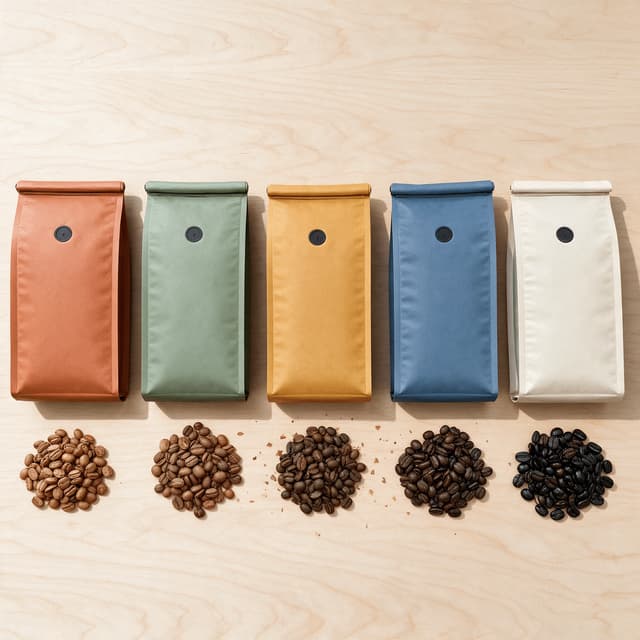 Five unprinted coffee pouches in five different matte colours standing in an even row on blonde wood with a small pile of beans in front of each