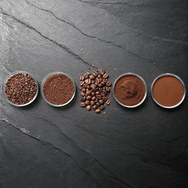 Four shallow glass dishes of coffee ground to four different sizes with a mound of whole beans between them arranged across dark split slate