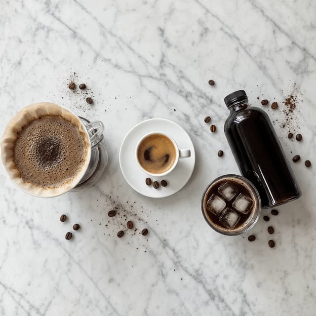 Overhead view of a pour over cone on a carafe an espresso cup with crema and a bottle of cold brew over ice arranged evenly on white marble