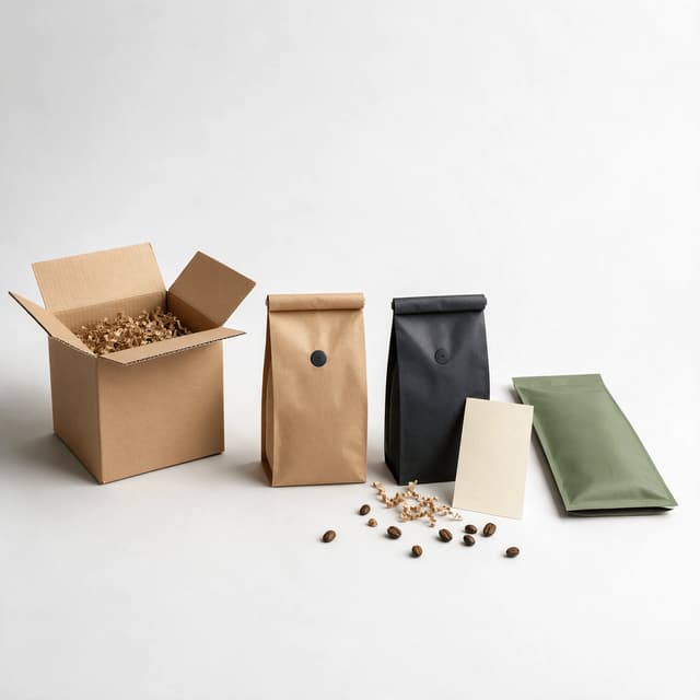 Open blank kraft shipping box beside three unprinted coffee pouches and a loose spill of kraft paper shred on a neutral surface