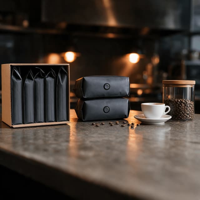 Open wholesale case of large unprinted coffee sacks beside a stack of two kilo bags and a plain ceramic cup on a dark service counter