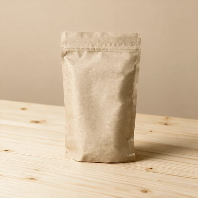 Single blank kraft coffee pouch standing upright with a round degassing valve on a pale pine table against a warm beige wall